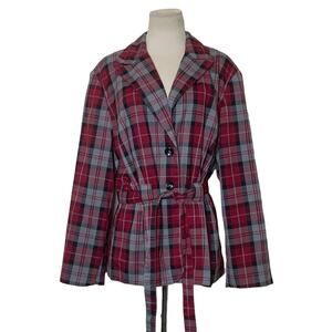 Larry Levine red plaid button belted blazer jacket size XL
